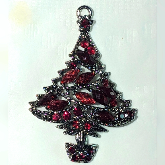 Classy Minimalist Silver Tone Red Rhinestone Christmas Tree Pendant - Picture 1 of 7